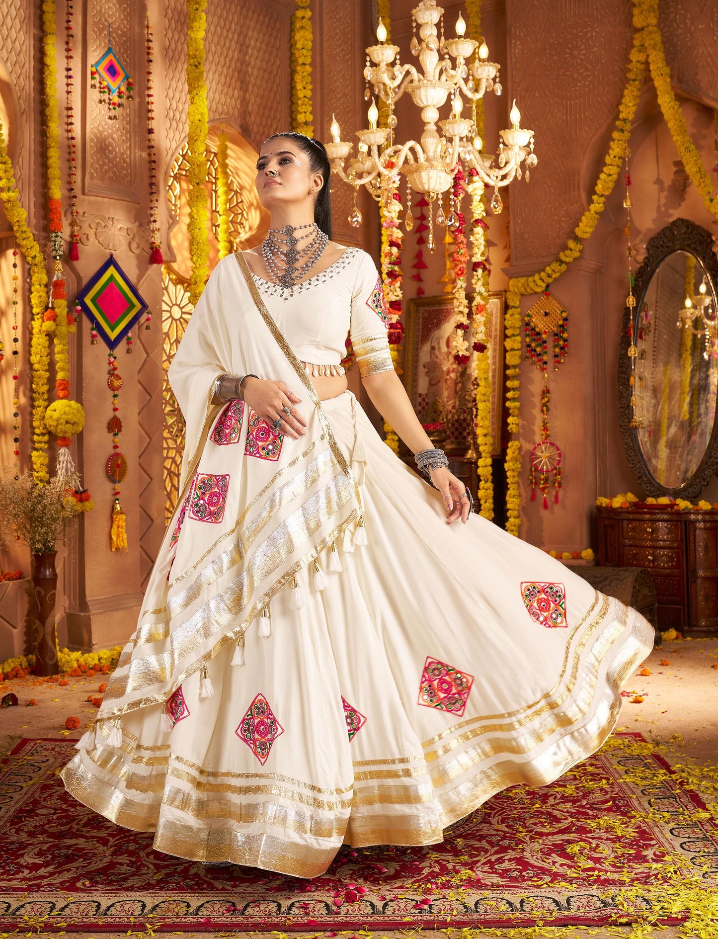 White Viscose Rayon Hand Mirror Embroidery Navratri  Chaniya Choli