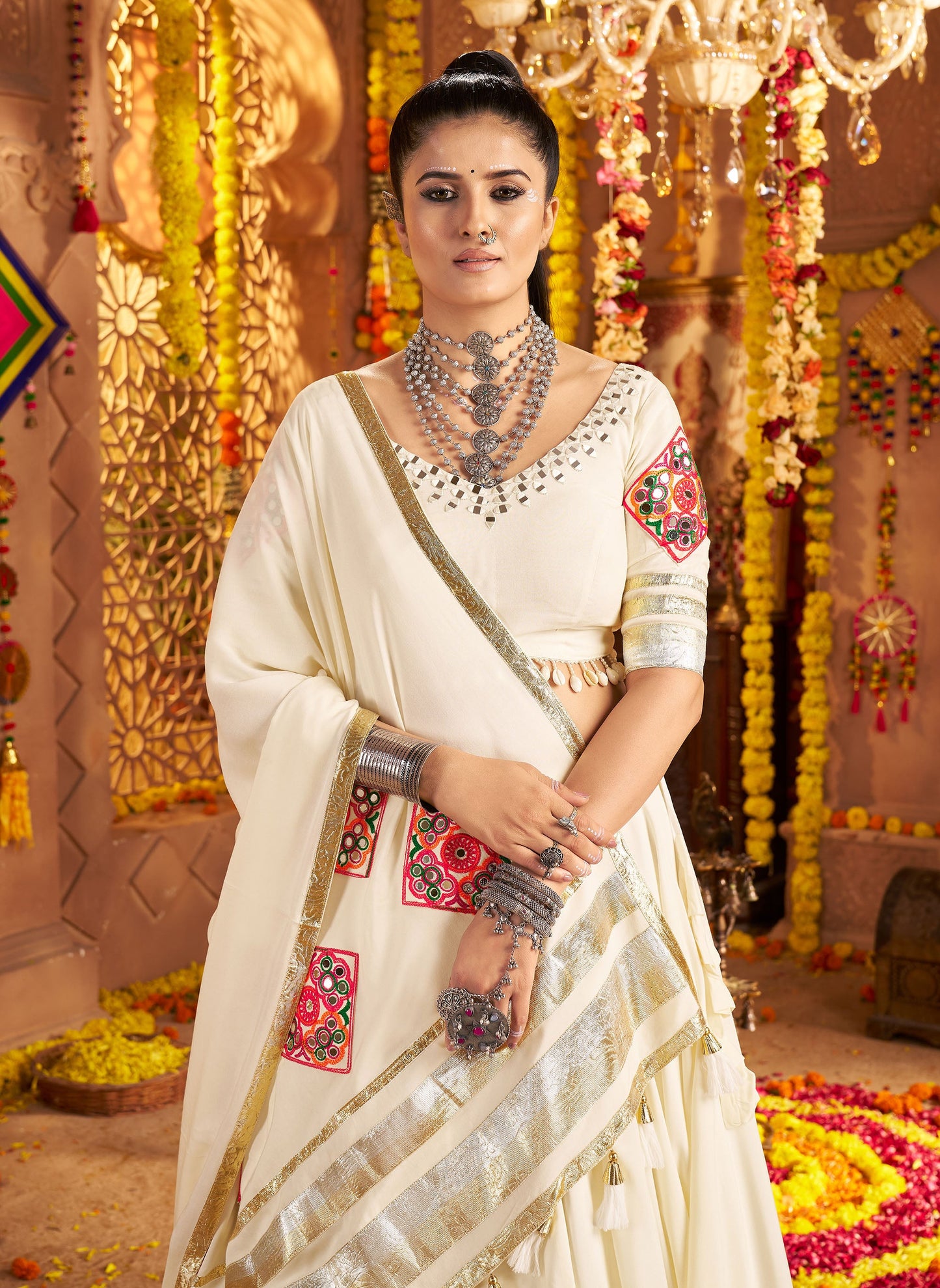 White Viscose Rayon Hand Mirror Embroidery Navratri  Chaniya Choli