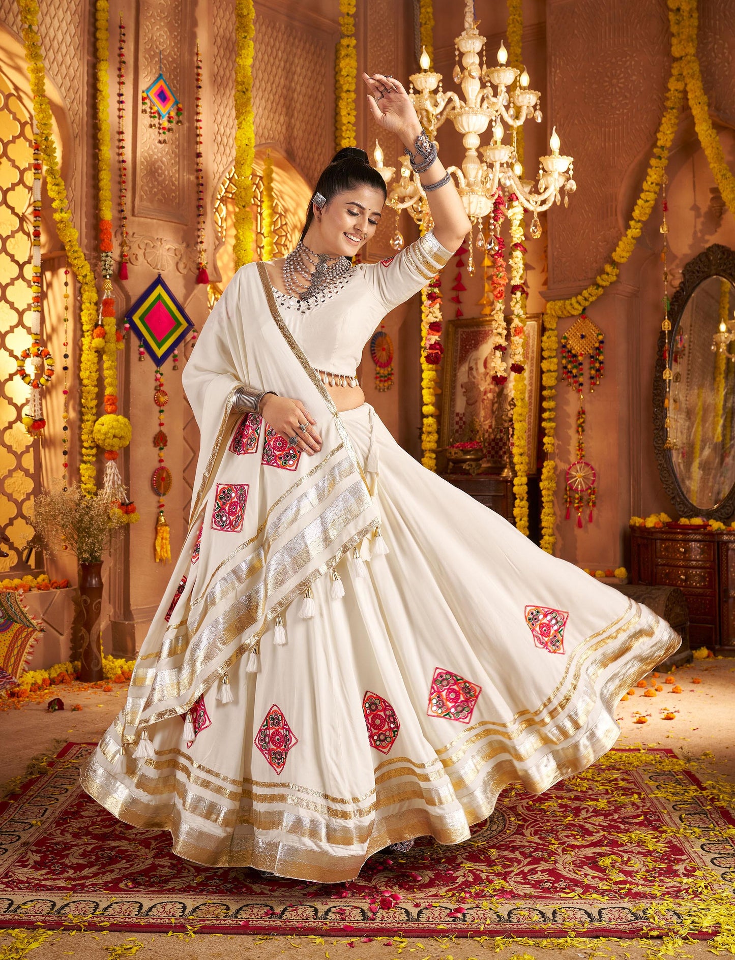 White Viscose Rayon Hand Mirror Embroidery Navratri  Chaniya Choli