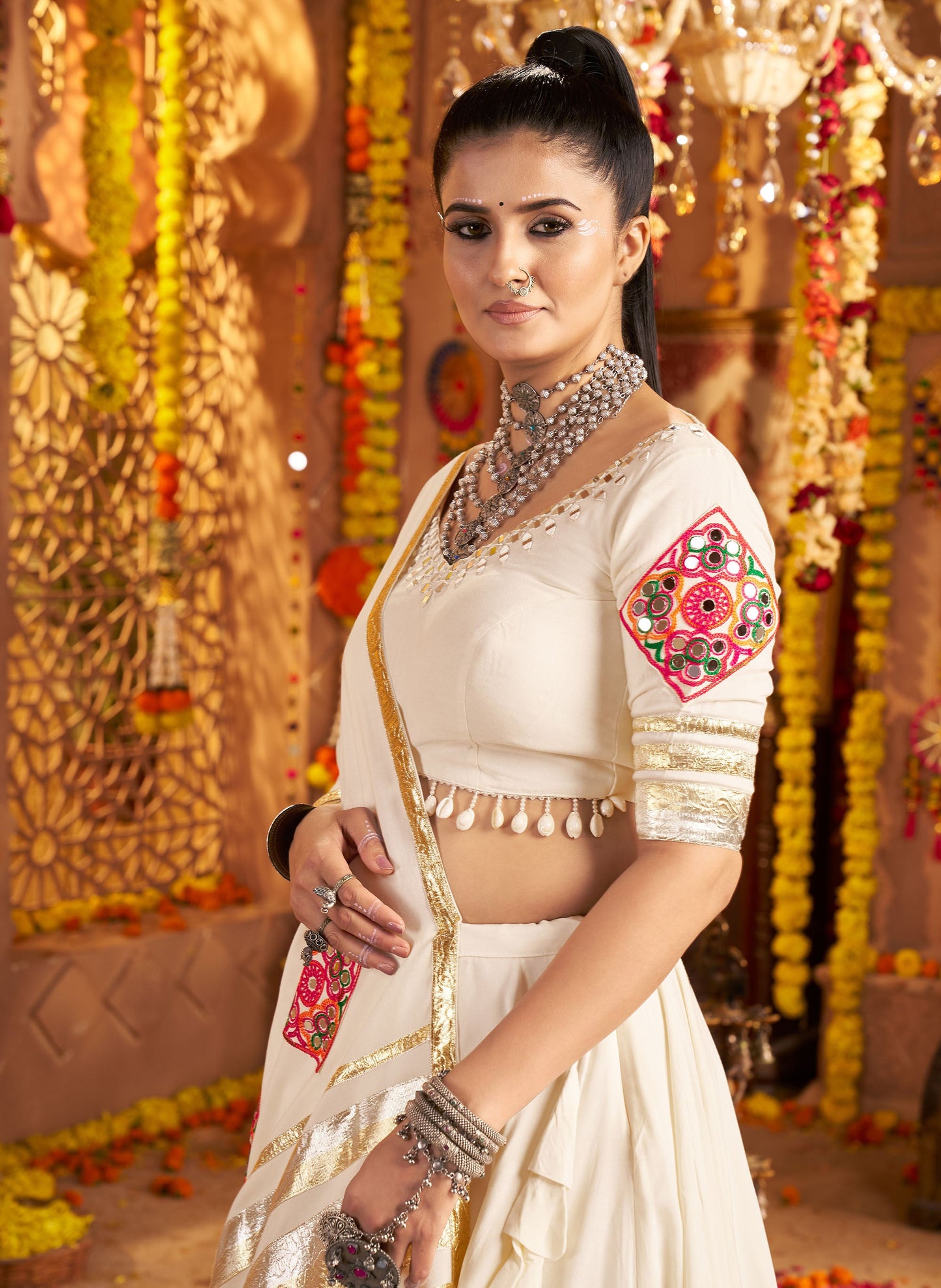 White Viscose Rayon Hand Mirror Embroidery Navratri  Chaniya Choli