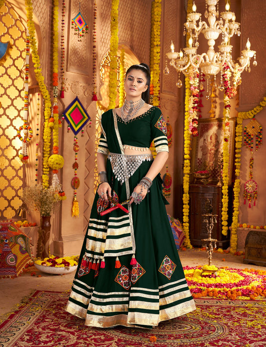 Green Viscose Rayon Hand Mirror Work Navratri  Chaniya Choli
