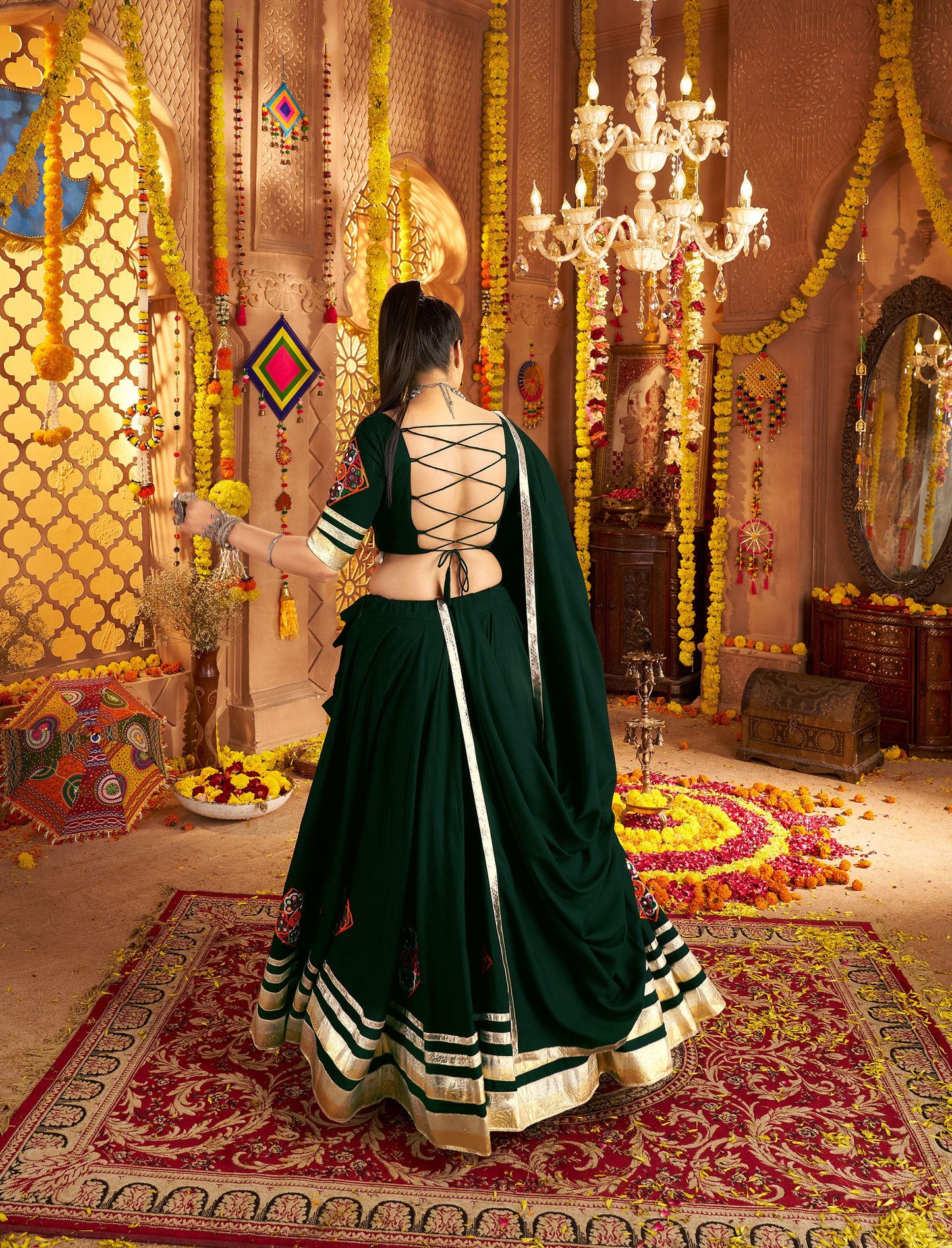 Green Viscose Rayon Hand Mirror Work Navratri  Chaniya Choli