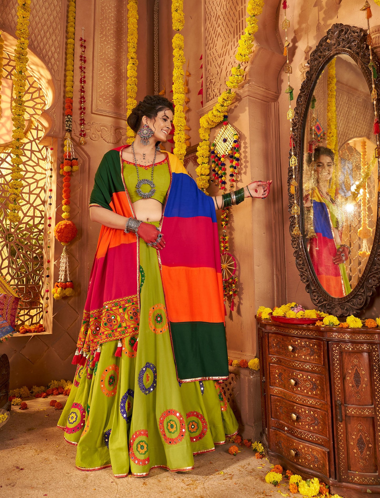 Fluorescent Green Viscose Cotton Mirror Work Navratri  Chaniya Choli