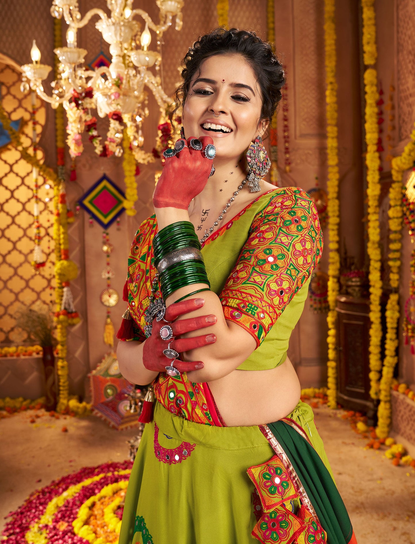 Fluorescent Green Viscose Cotton Mirror Work Navratri  Chaniya Choli