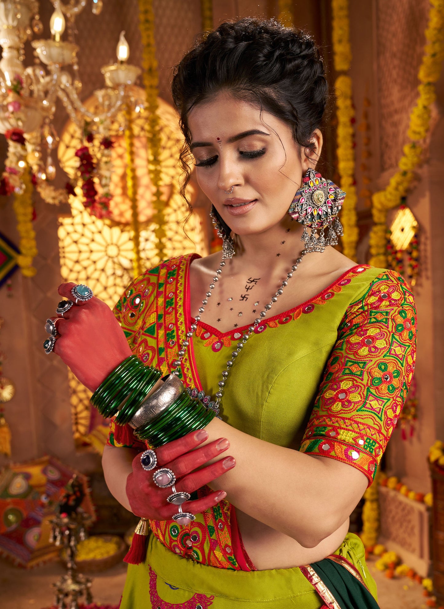 Fluorescent Green Viscose Cotton Mirror Work Navratri  Chaniya Choli