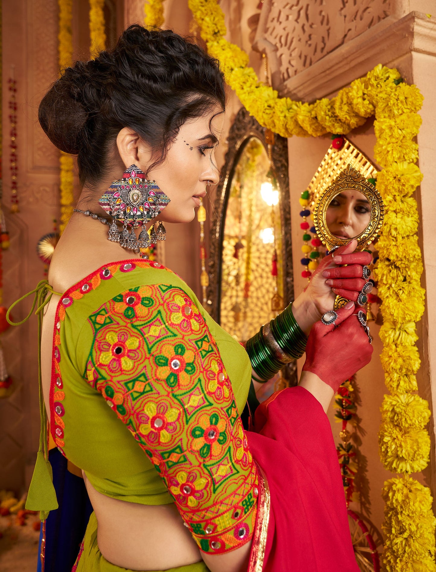Fluorescent Green Viscose Cotton Mirror Work Navratri  Chaniya Choli