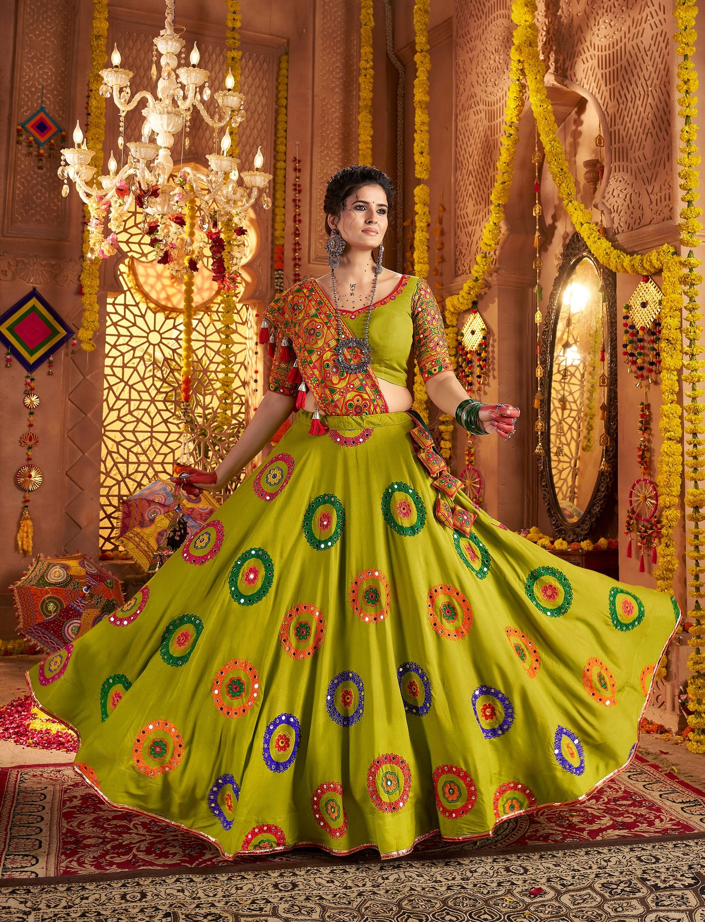 Fluorescent Green Viscose Cotton Mirror Work Navratri  Chaniya Choli