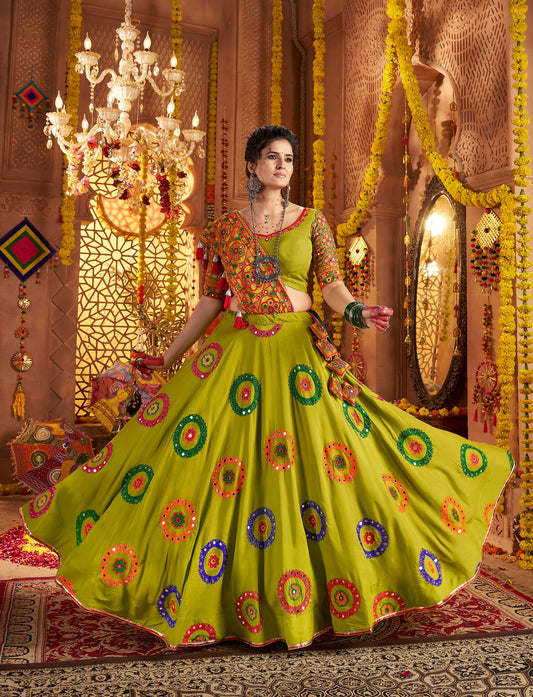 Fluorescent Green Viscose Cotton Mirror Work Navratri  Chaniya Choli