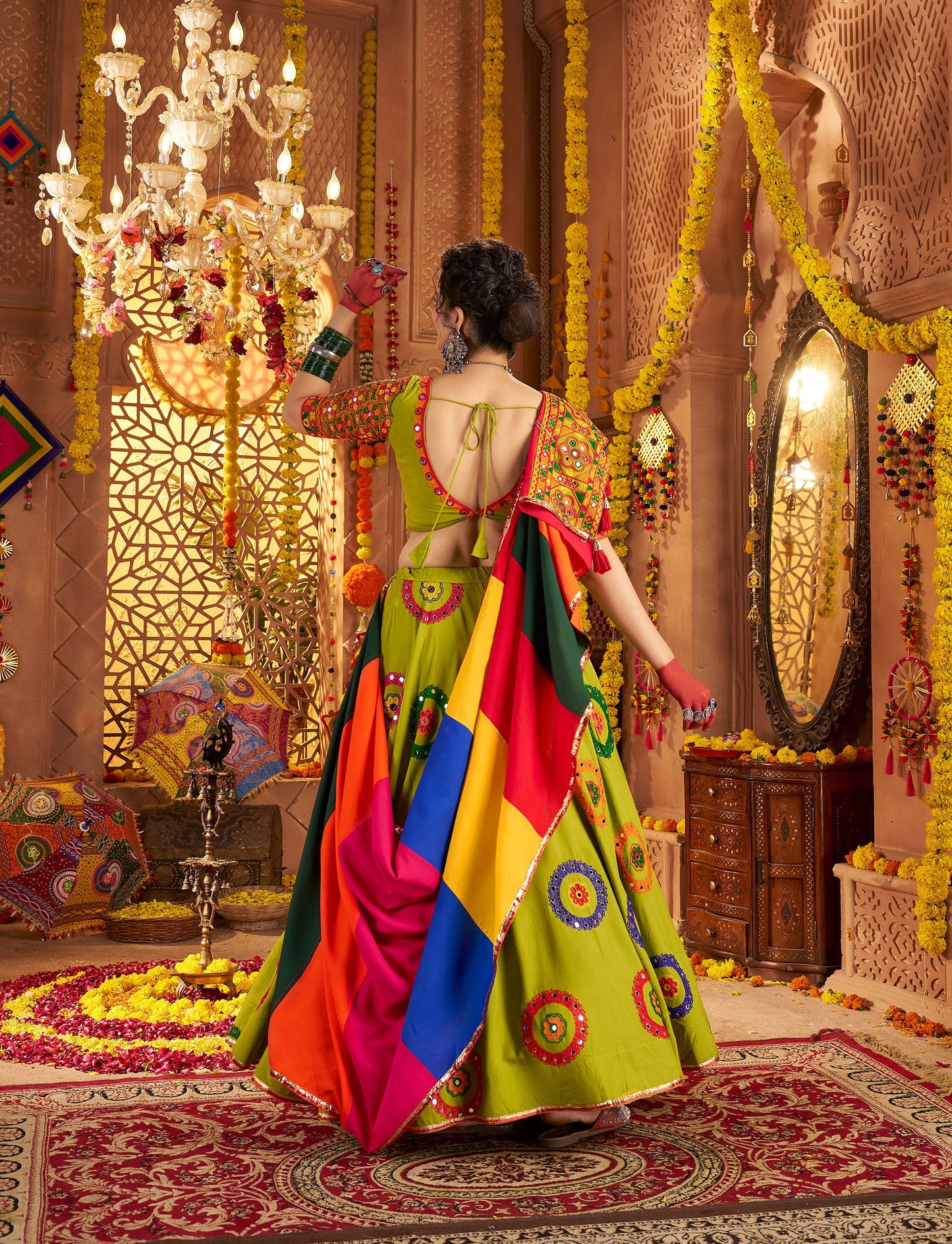 Fluorescent Green Viscose Cotton Mirror Work Navratri  Chaniya Choli