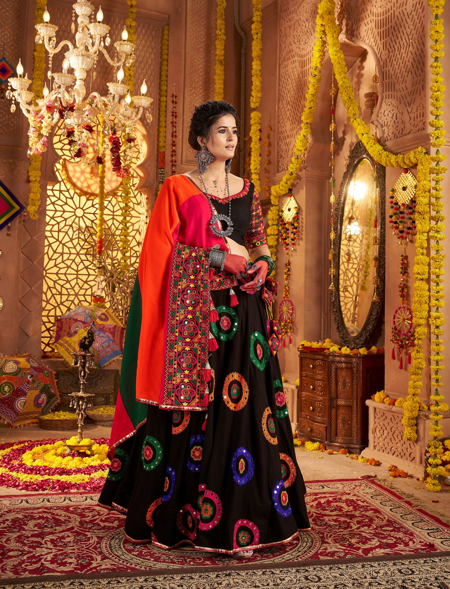 Black Viscose Cotton Embroidered Lace with Mirror Work Navratri  Chaniya Choli