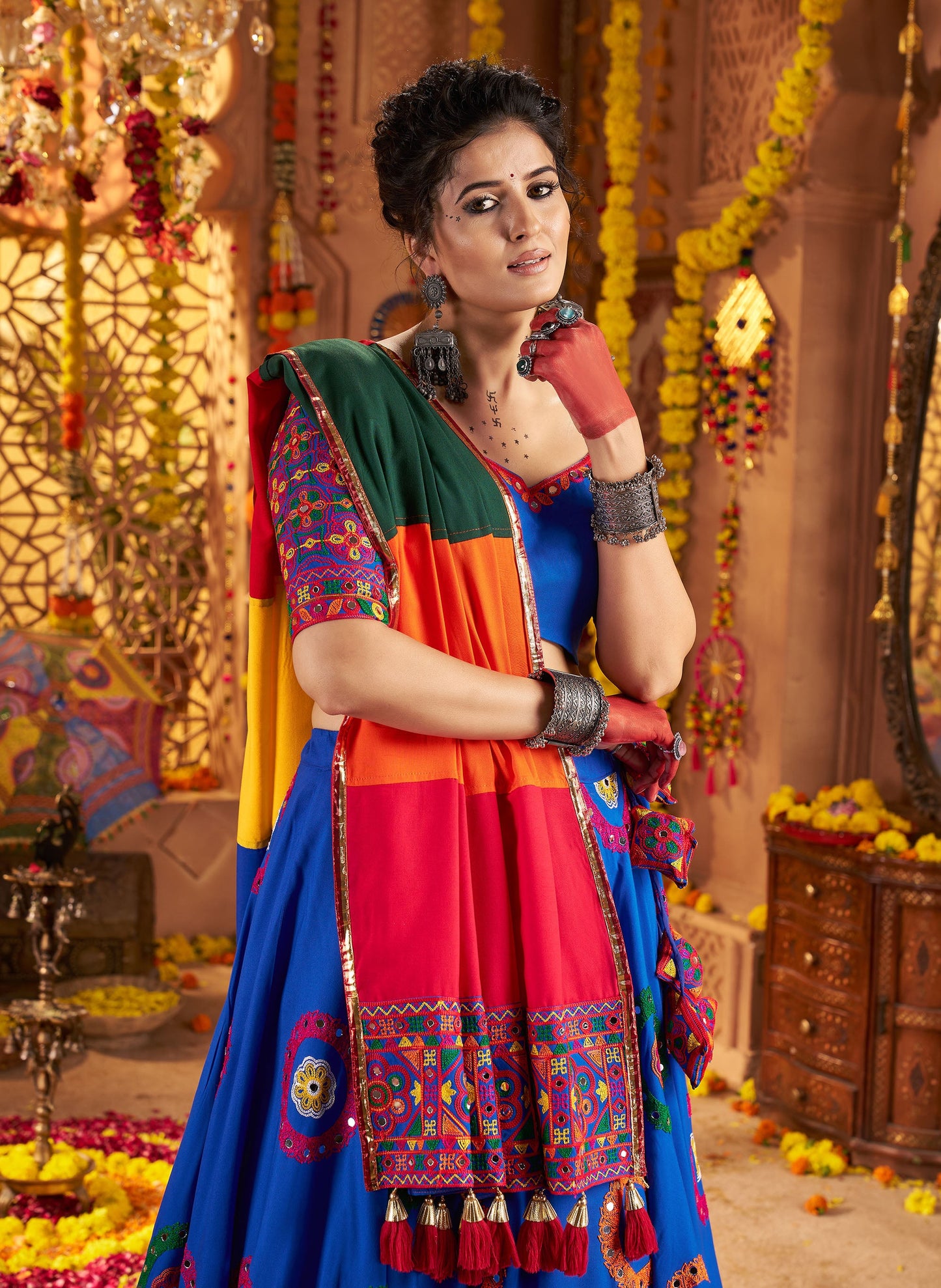 Royal Blue Viscose Cotton Mirror Work Navratri  Chaniya Choli