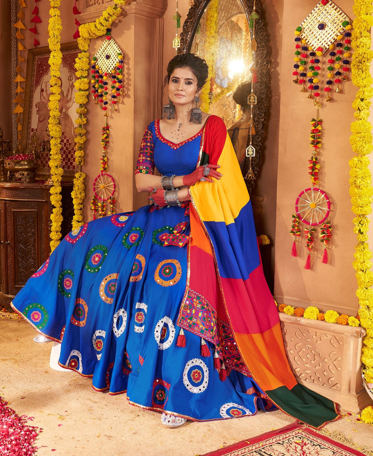 Royal Blue Viscose Cotton Mirror Work Navratri  Chaniya Choli