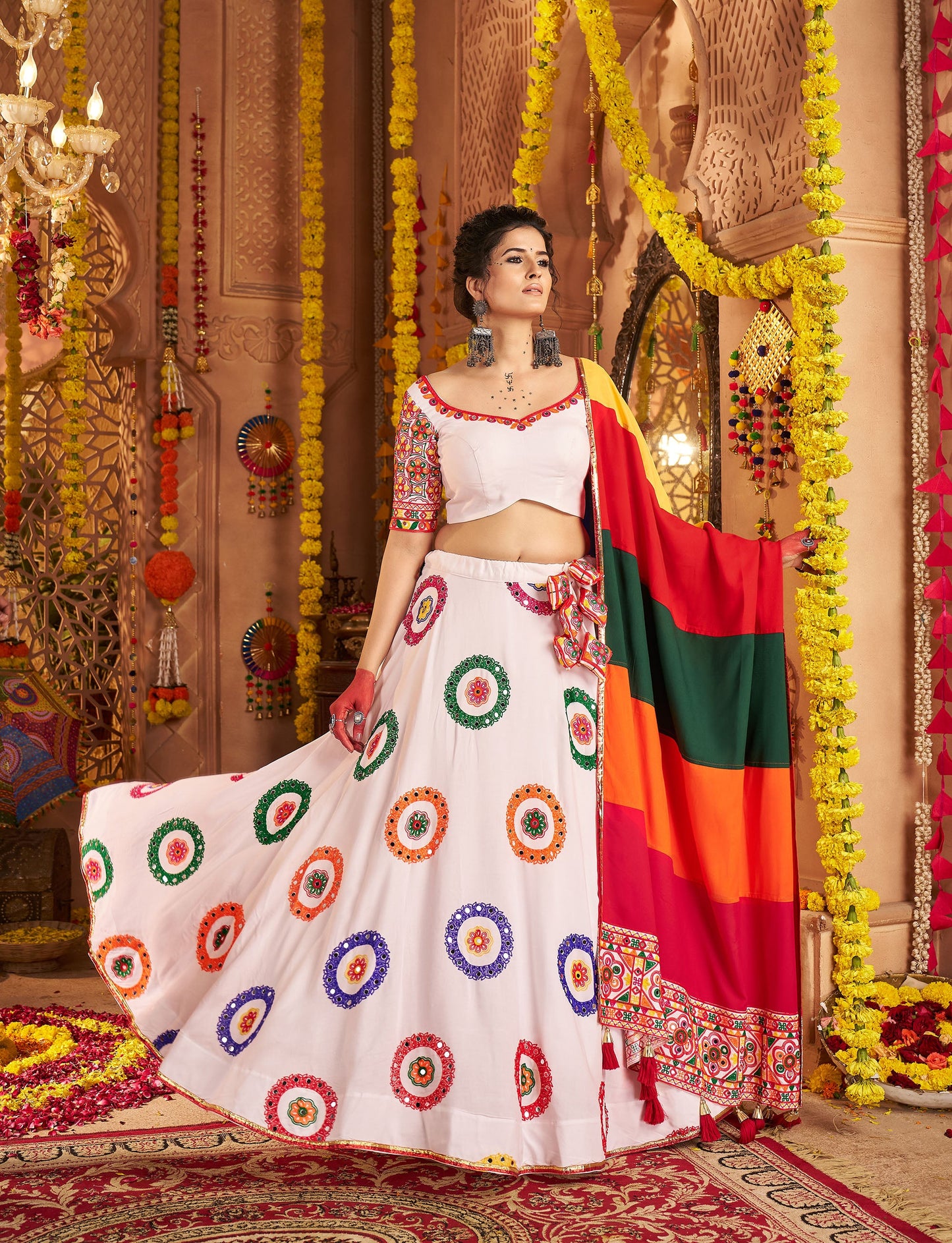 White Viscose Cotton Embroidered Lace with Mirror Work Navratri  Chaniya Choli
