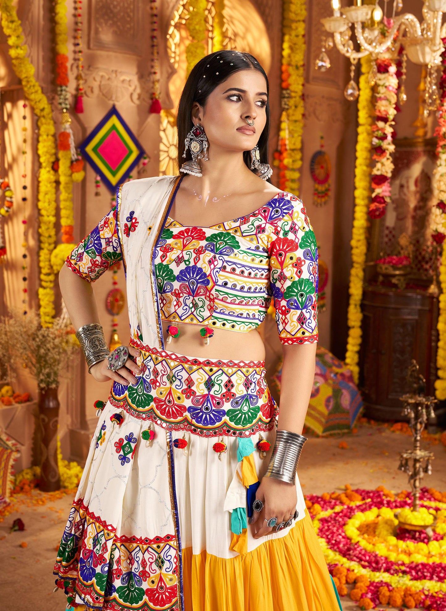 White & Blue Viscose Cotton Mirror Work Navratri  Chaniya Choli