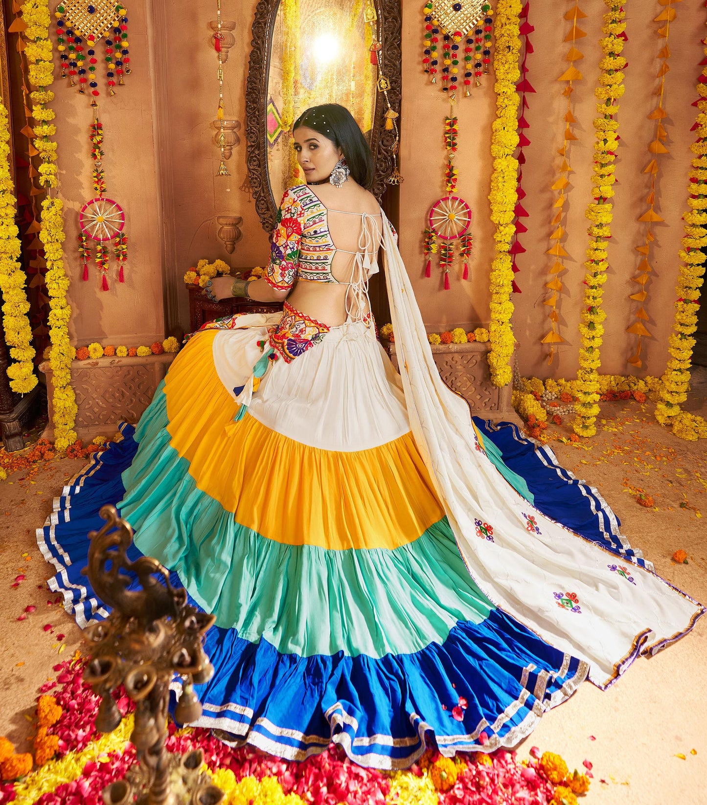 White & Blue Viscose Cotton Mirror Work Navratri  Chaniya Choli