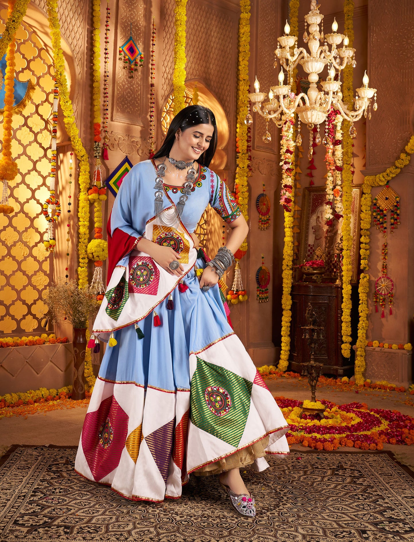 Light Blue Viscose Cotton Multi Threadwork with Mirror Work Navratri Chaniya Choli