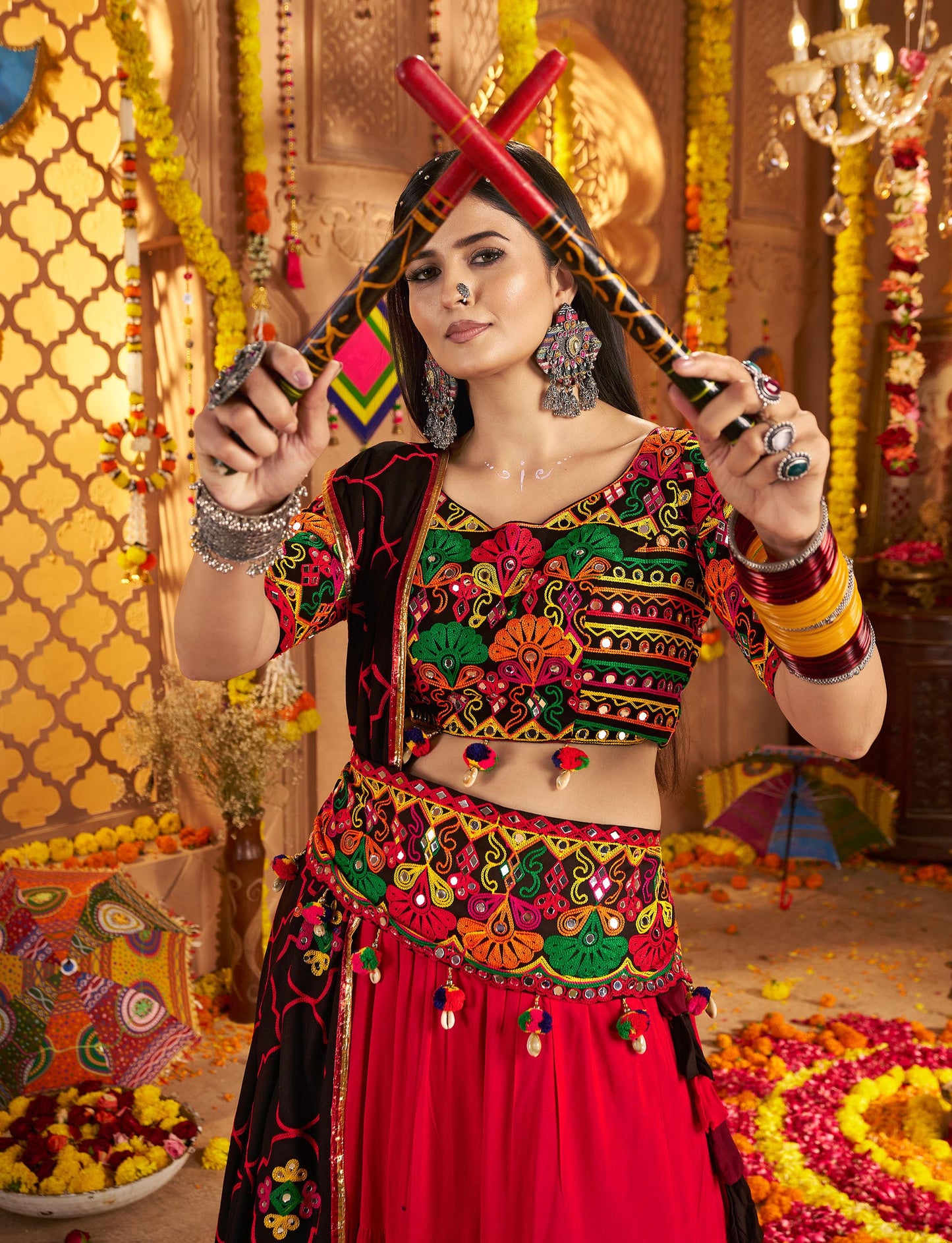 Black & Red Viscose Cotton Mirror Work Navratri  Chaniya Choli