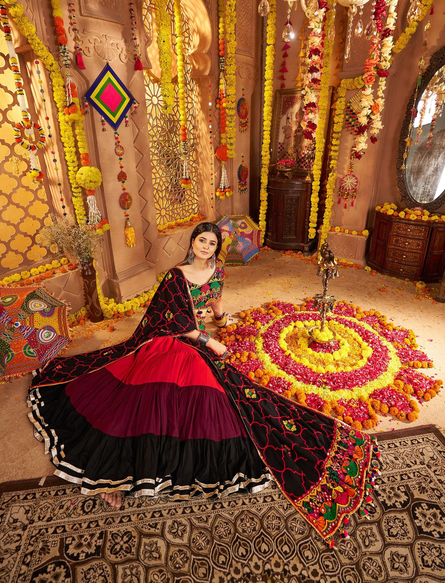 Black & Red Viscose Cotton Mirror Work Navratri  Chaniya Choli