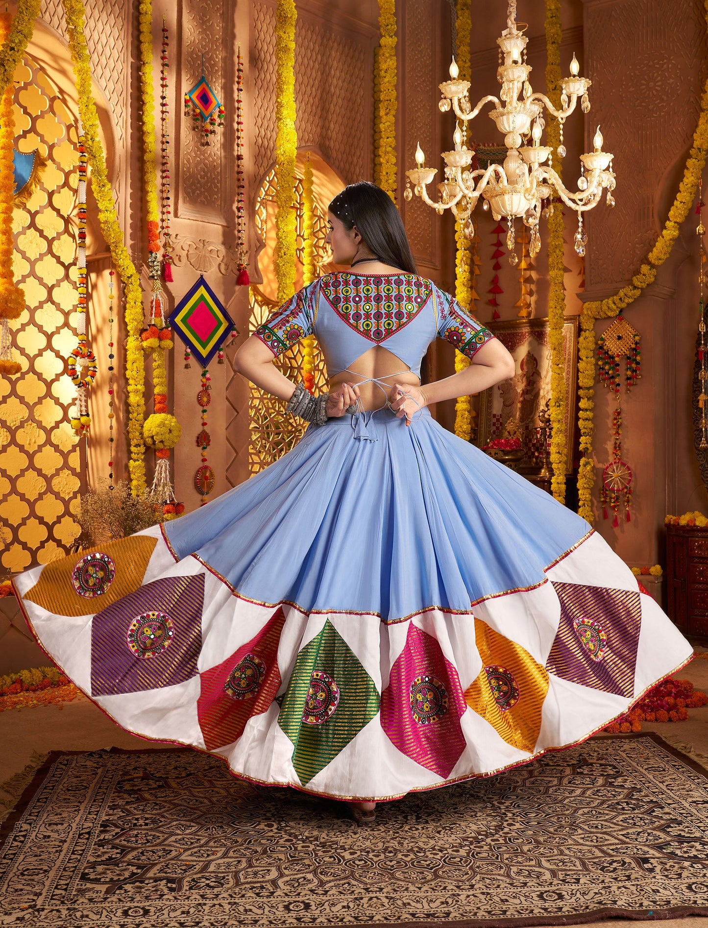 Light Blue Viscose Cotton Multi Threadwork with Mirror Work Navratri Chaniya Choli