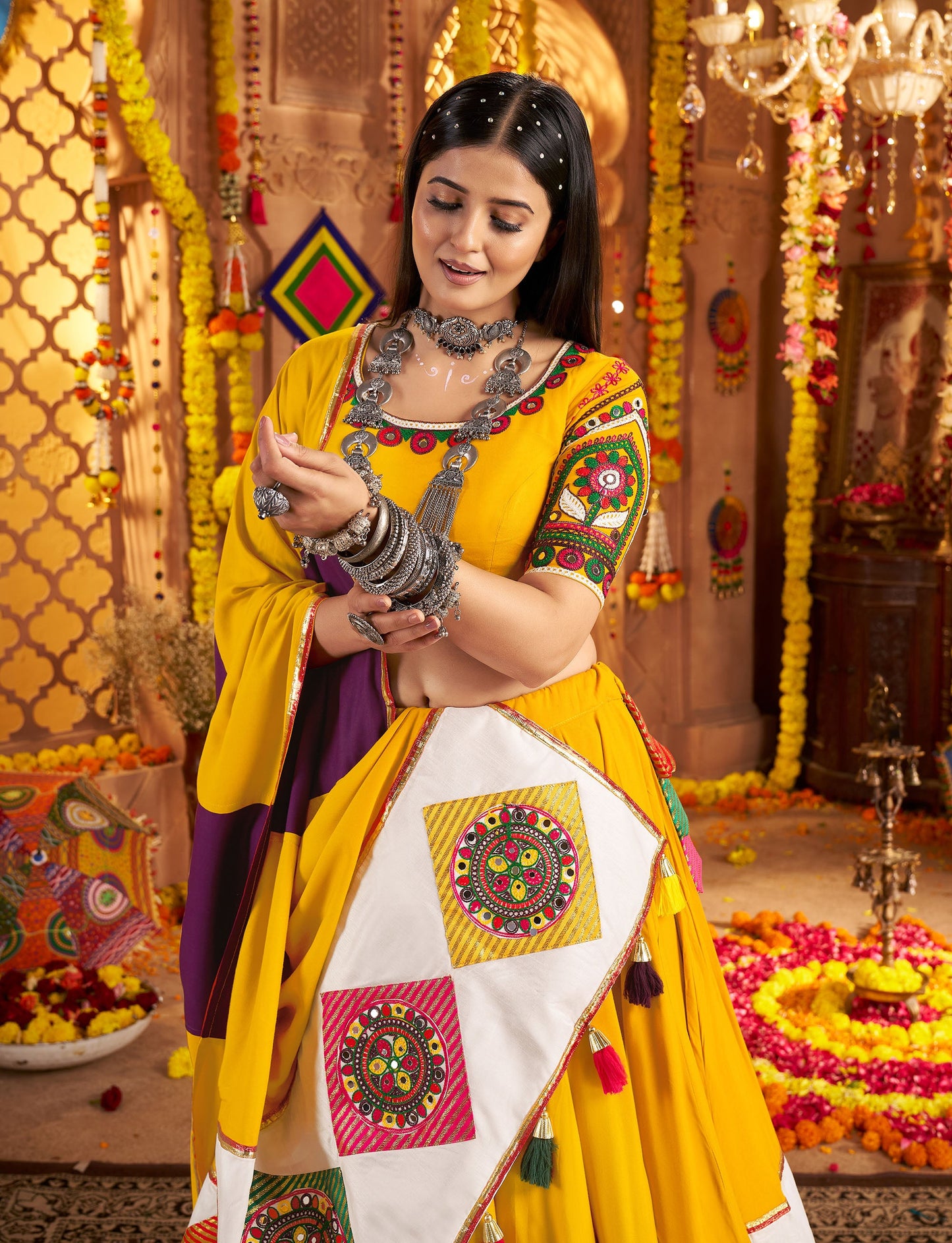Mustard Yellow Viscose Cotton Multi Threadwork with Mirror Work Navratri Chaniya Choli