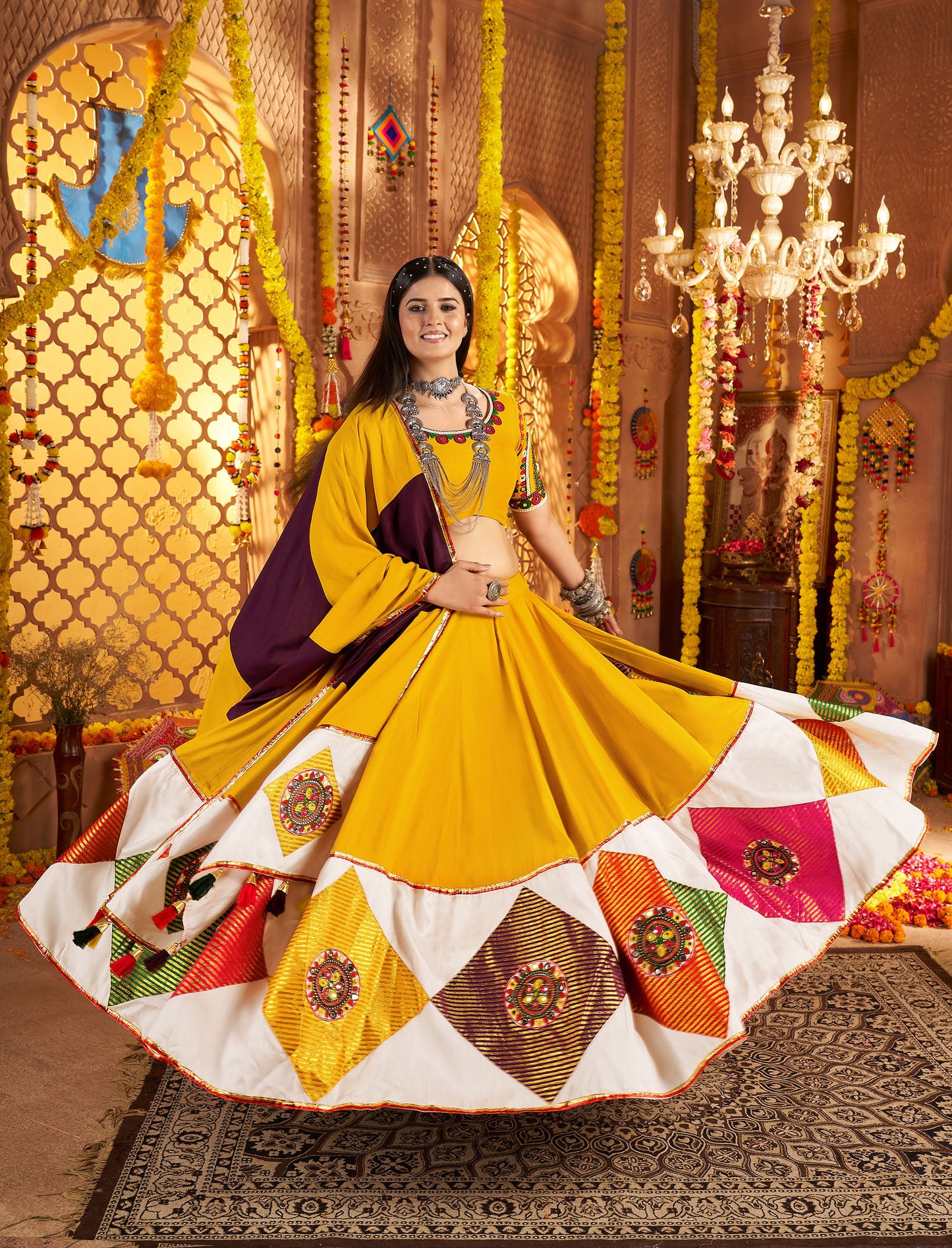 Mustard Yellow Viscose Cotton Multi Threadwork with Mirror Work Navratri Chaniya Choli