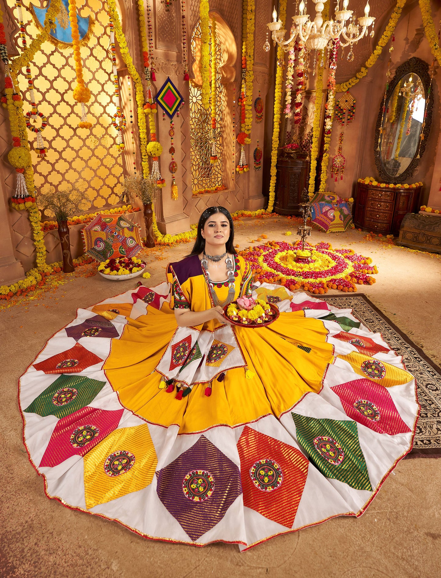 Mustard Yellow Viscose Cotton Multi Threadwork with Mirror Work Navratri Chaniya Choli