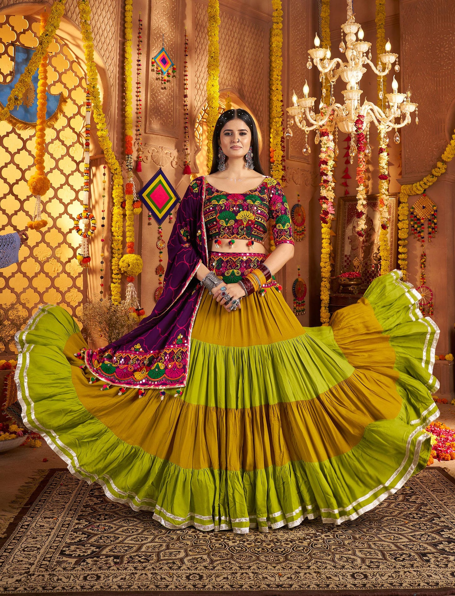 Green & Purple Viscose Cotton Mirror Work Navratri  Chaniya Choli