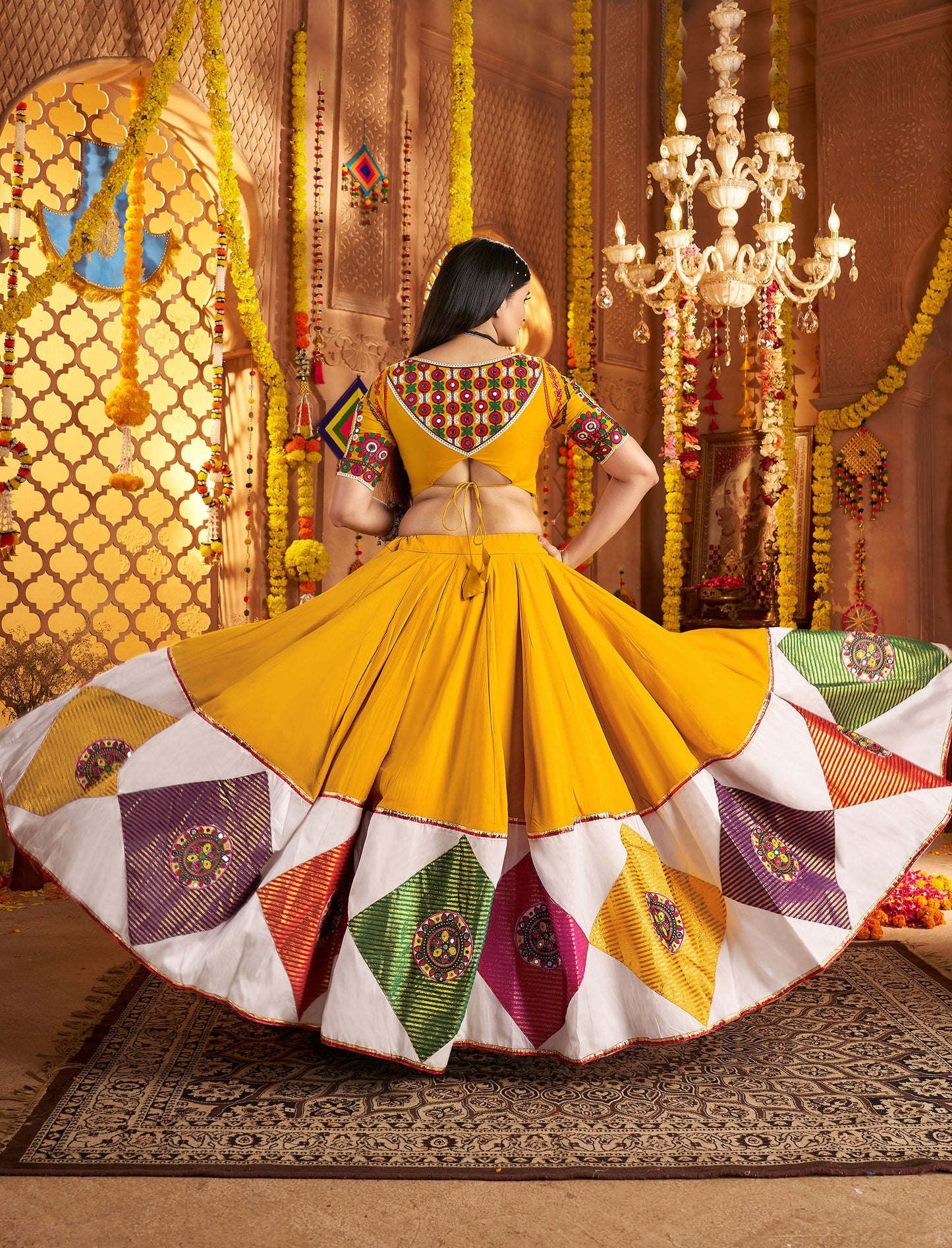 Mustard Yellow Viscose Cotton Multi Threadwork with Mirror Work Navratri Chaniya Choli