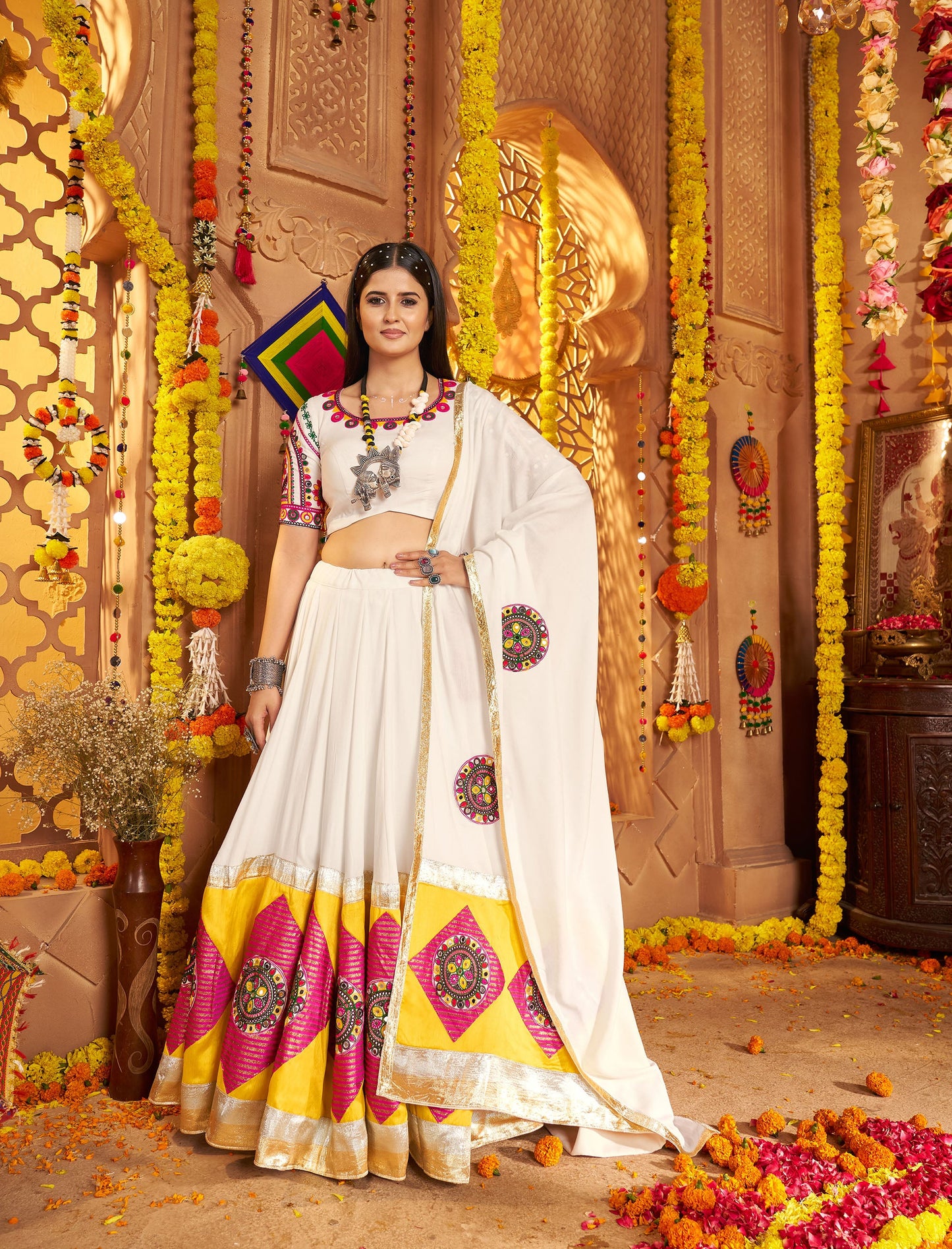 White Viscose Cotton Multi Threadwork with Mirror Work Navratri Chaniya Choli