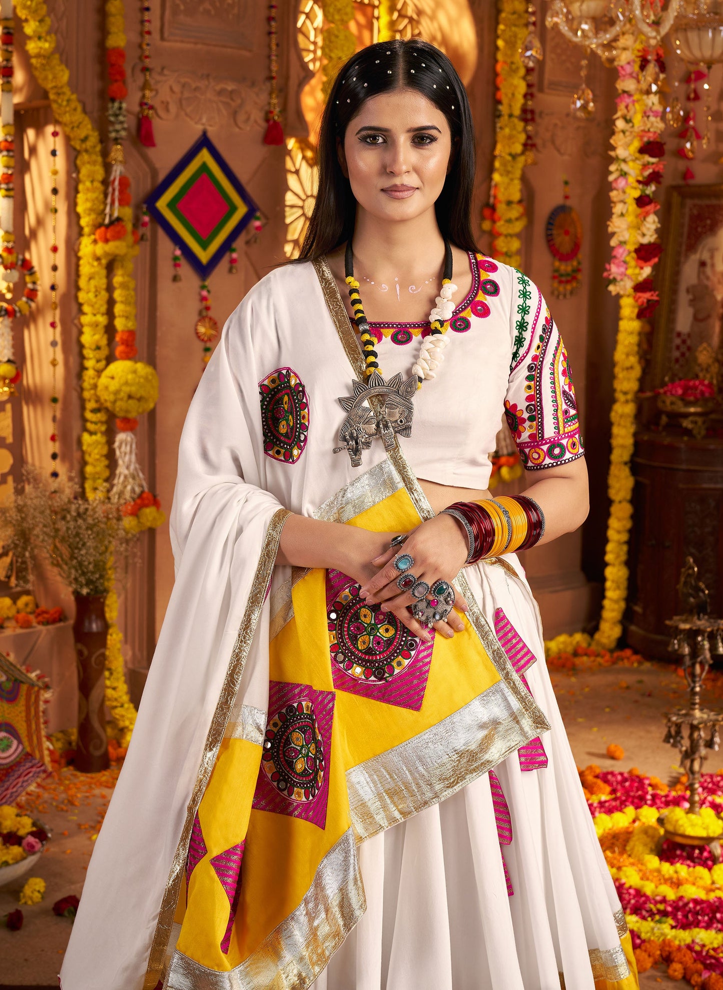 White Viscose Cotton Multi Threadwork with Mirror Work Navratri Chaniya Choli
