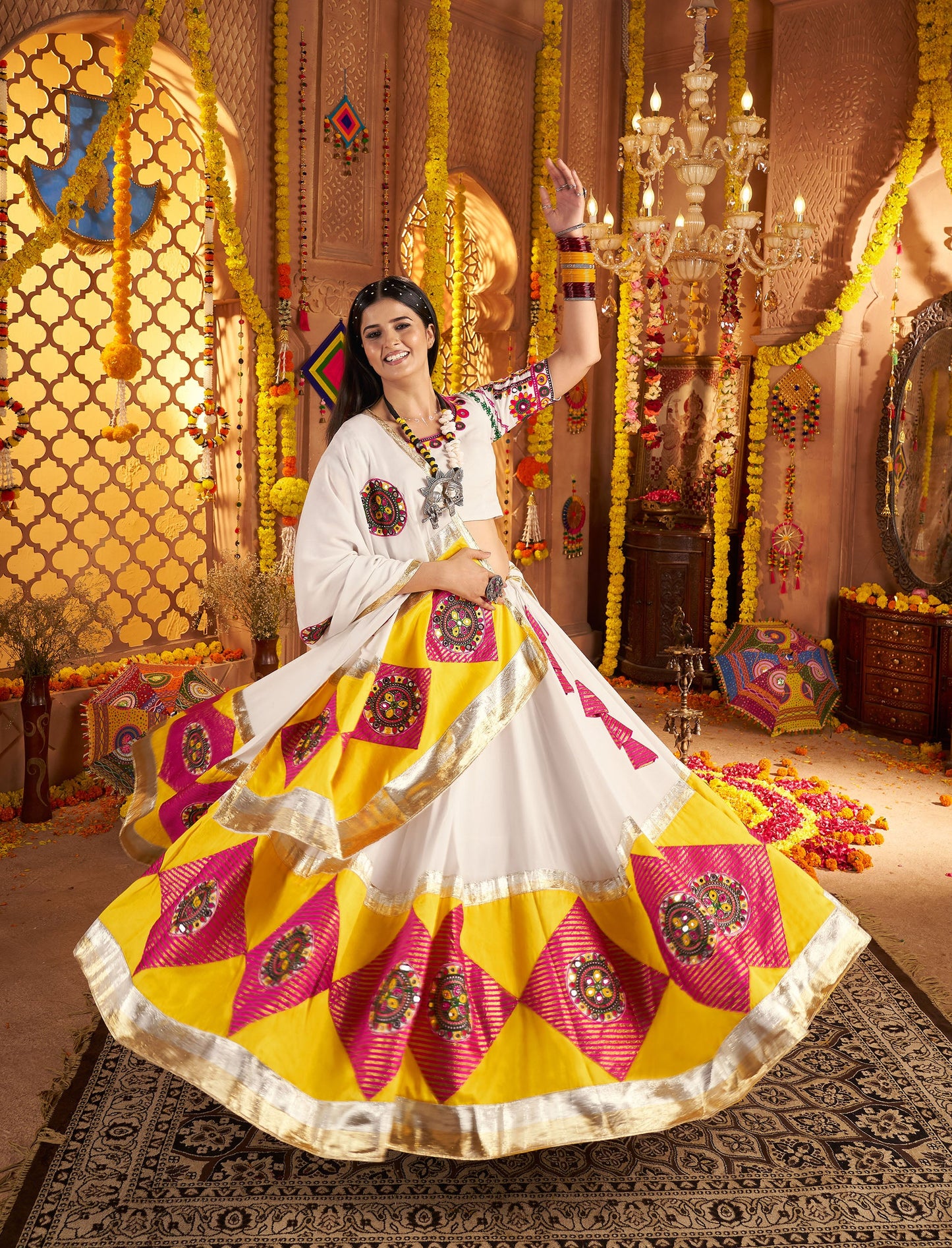White Viscose Cotton Multi Threadwork with Mirror Work Navratri Chaniya Choli