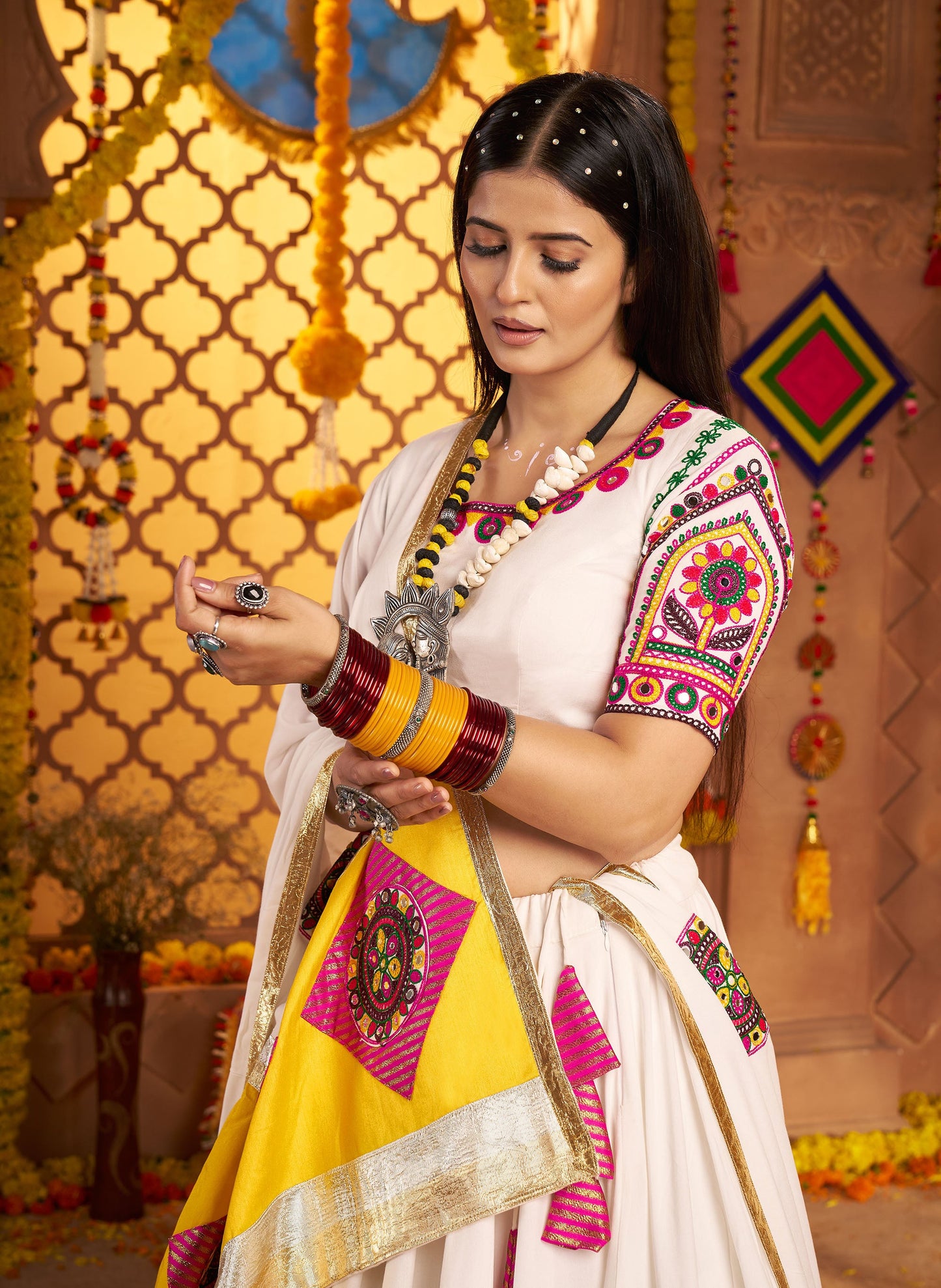 White Viscose Cotton Multi Threadwork with Mirror Work Navratri Chaniya Choli