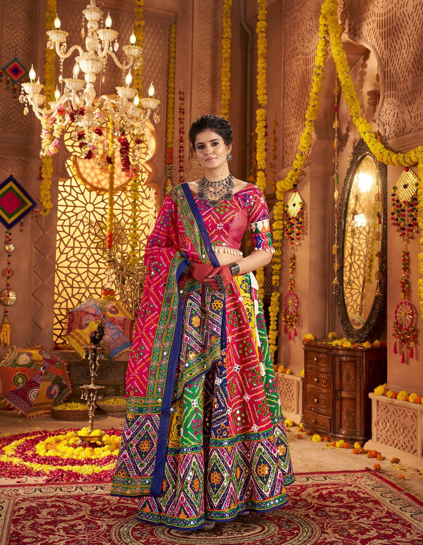 Multi Color Organic Cotton Aari & Foil Work Navratri  Chaniya Choli