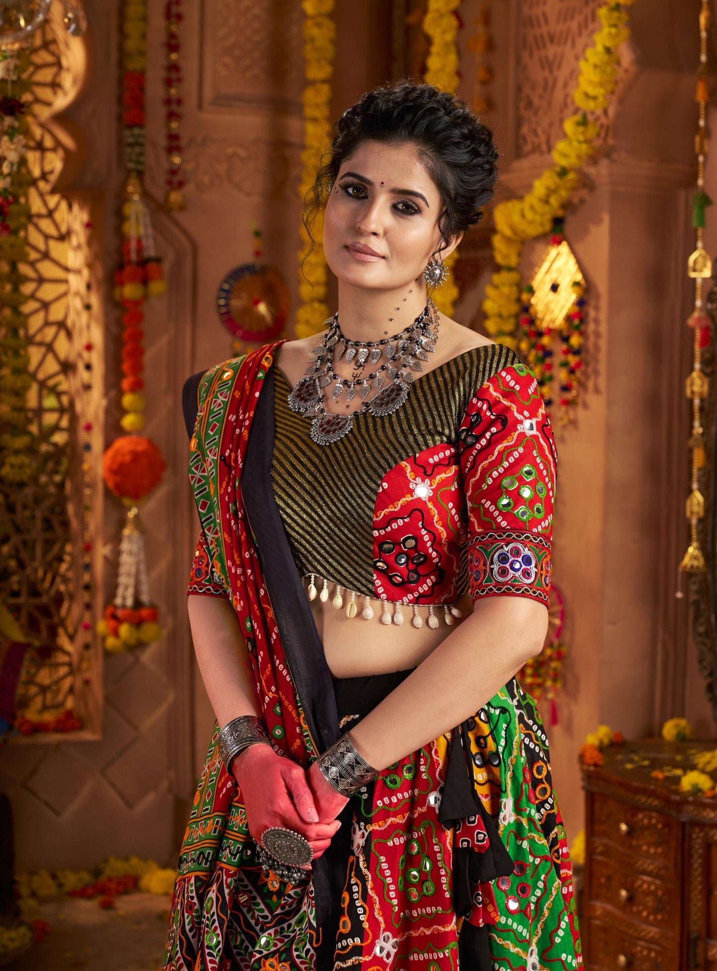 Multi Color Organic Cotton Print with Aari & Foil Work Navratri  Chaniya Choli