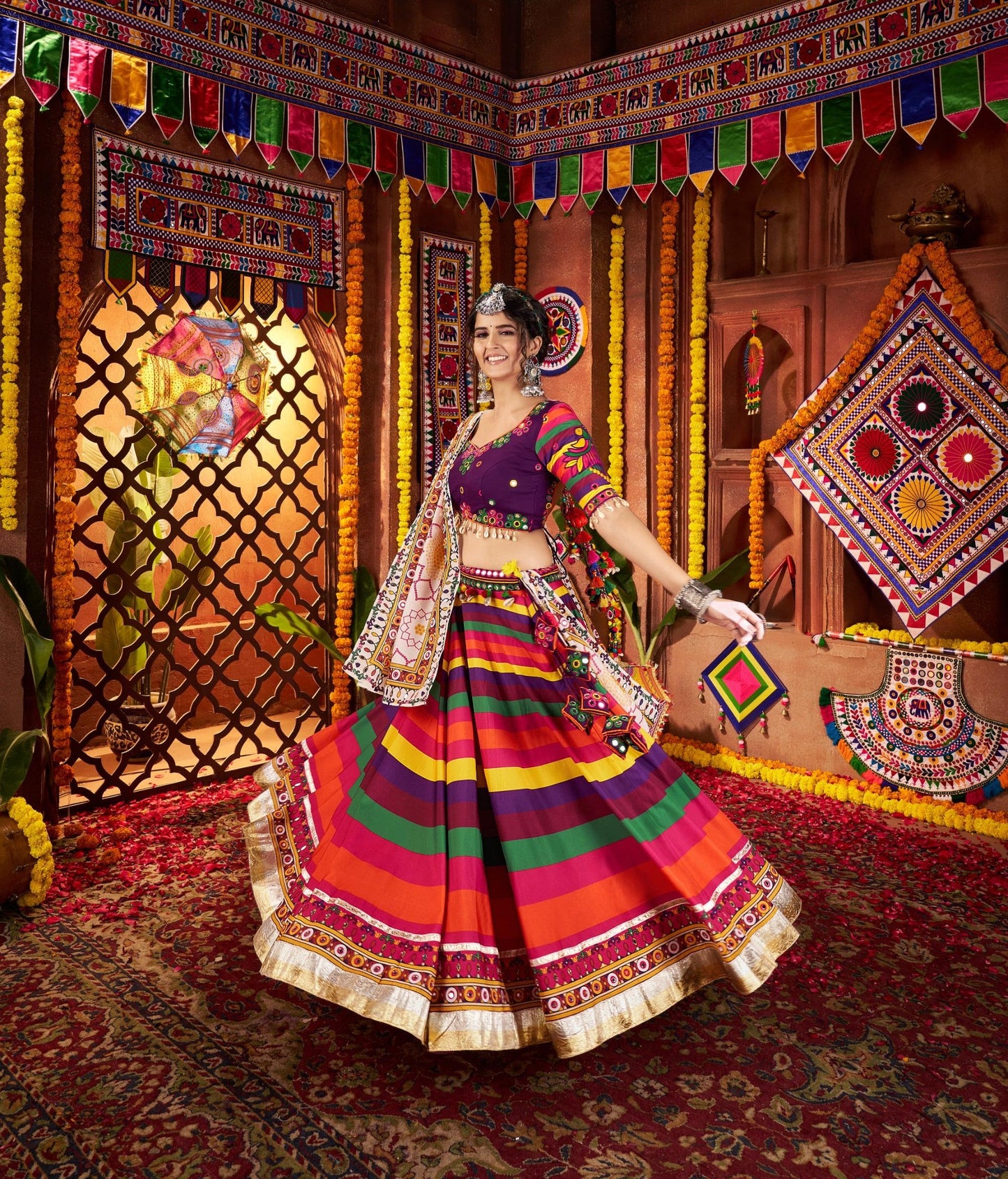 Multi Color Muslin & Viscose Cotton Thread Work Navratri Chaniya Choli