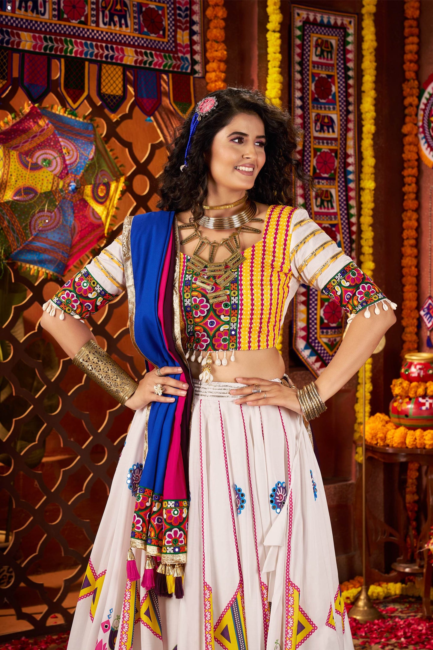 White Gaji Silk Digital Print & Mirror Work Navratri Lehenga Choli