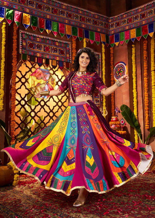 Multi Color Gaji Silk Digital Print & Mirror Work Navratri Lehenga Choli