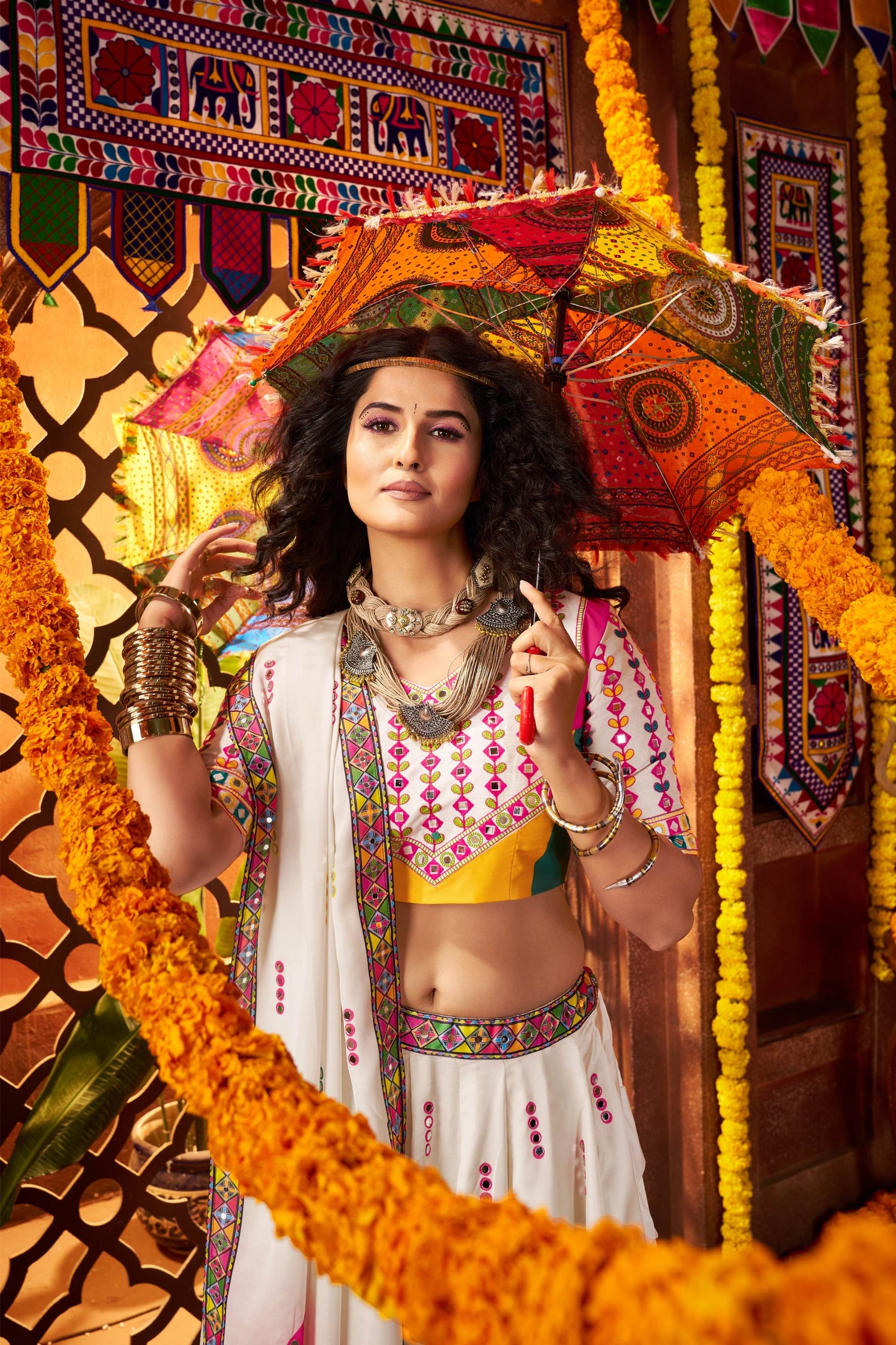 White Gaji Silk Mirror Work & Digital Print Navratri Lehenga Choli