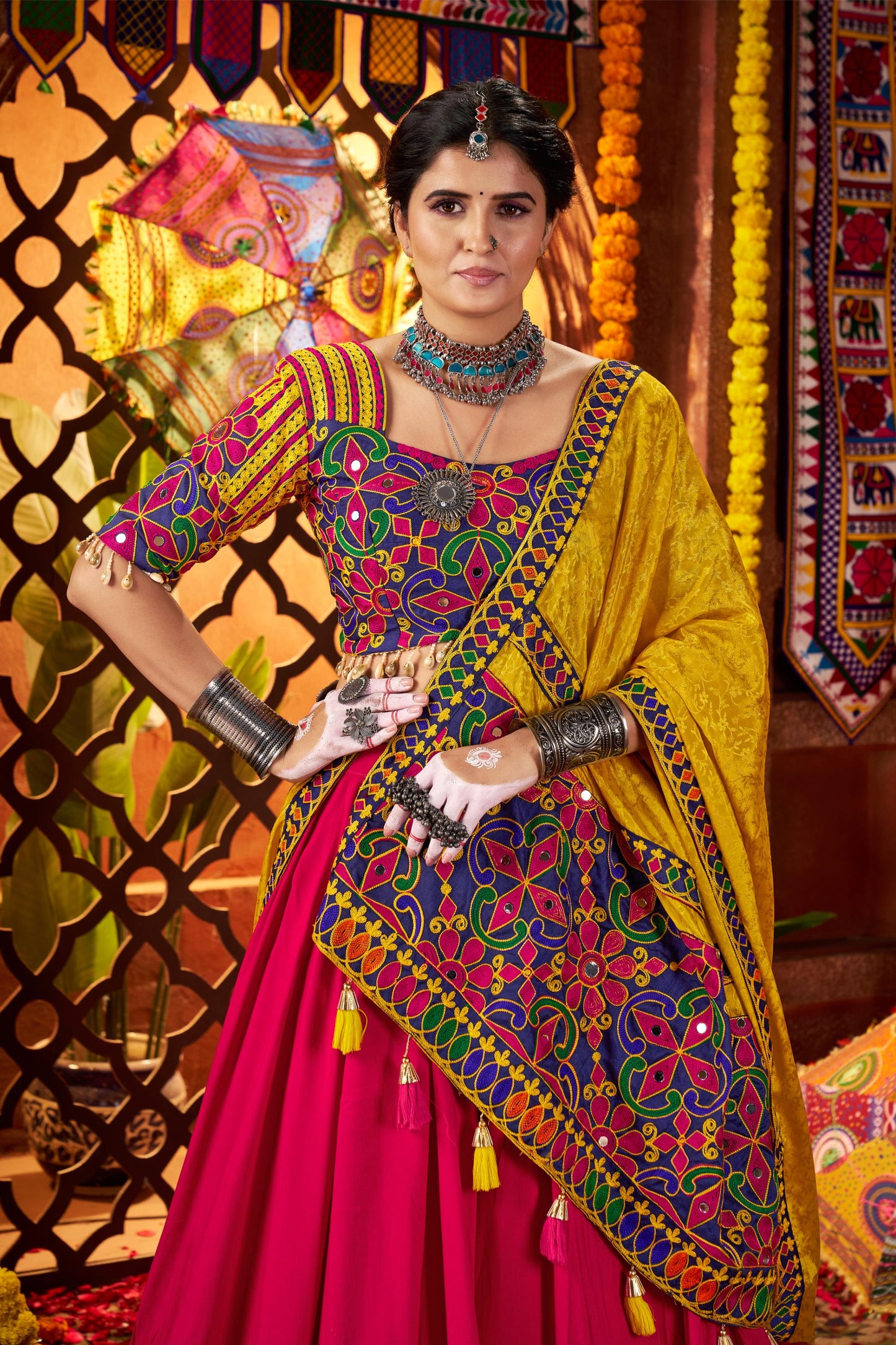 Multi Color Viscose Cotton & Muslin Mirror Work Navratri Chaniya Choli