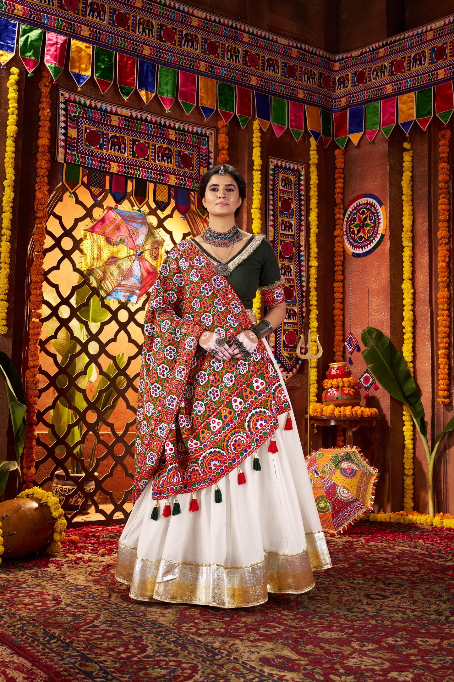 White Viscose Cotton Mirror Work Navratri Chaniya Choli