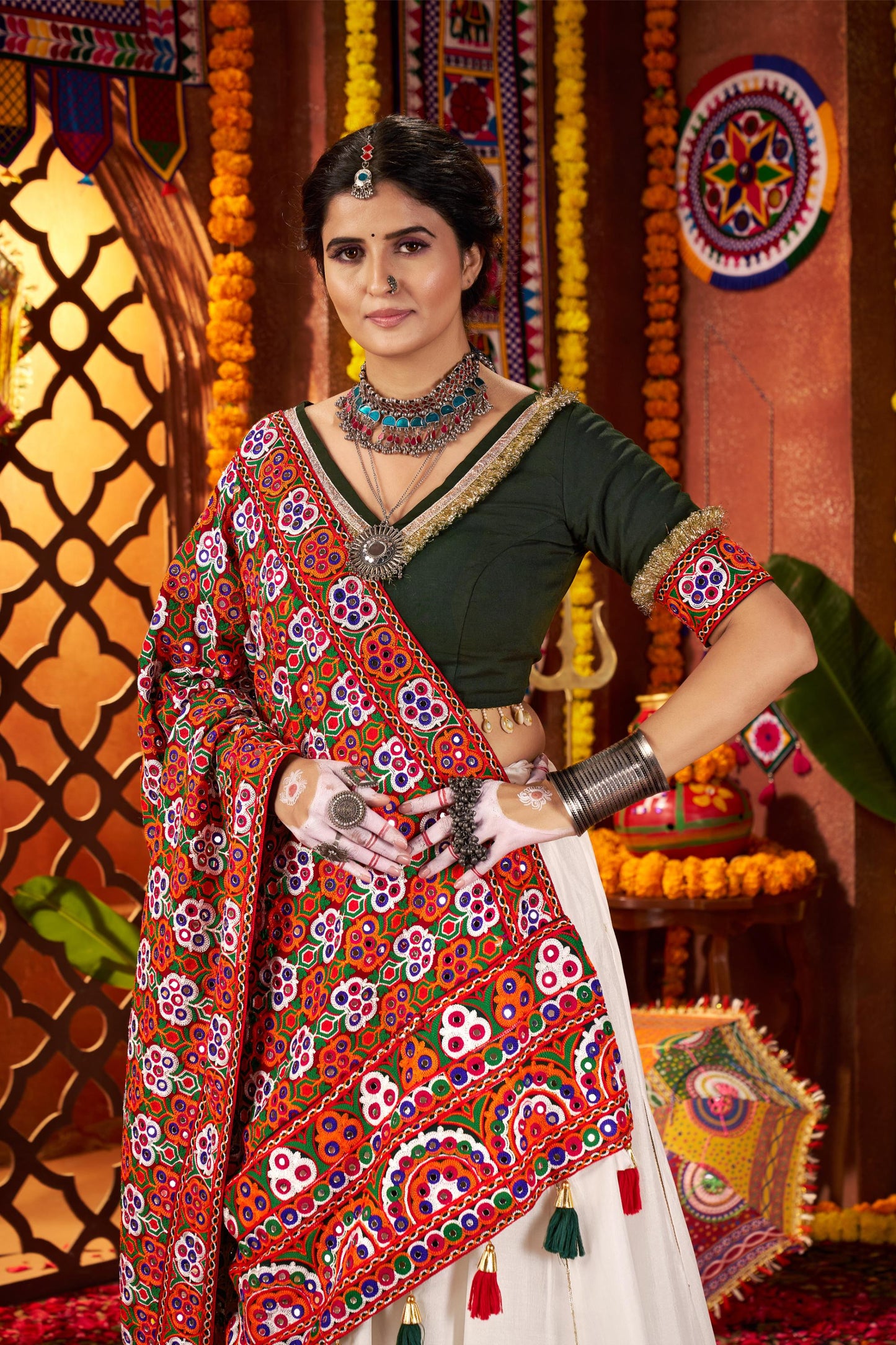 White Viscose Cotton Mirror Work Navratri Chaniya Choli