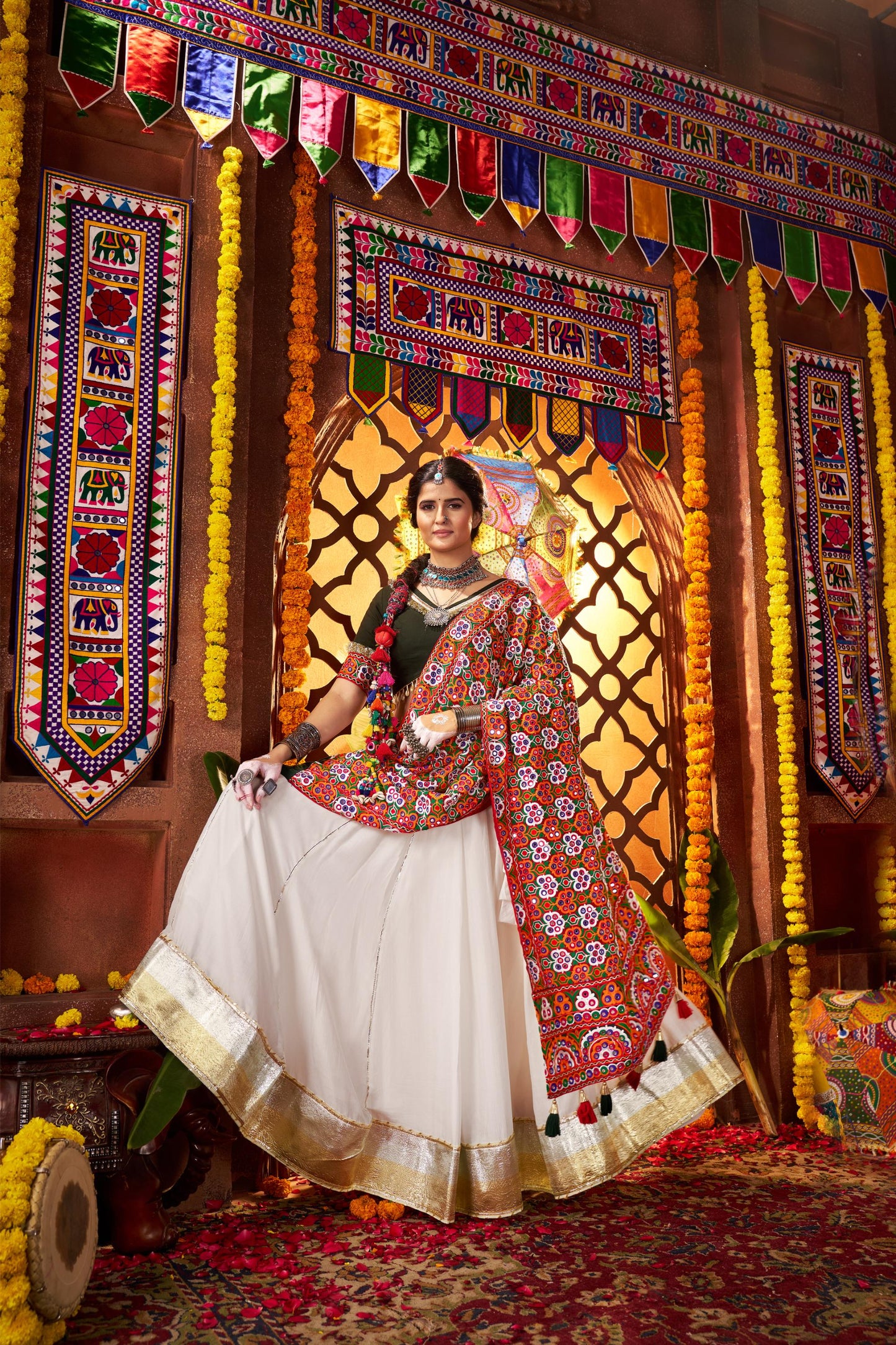 White Viscose Cotton Mirror Work Navratri Chaniya Choli