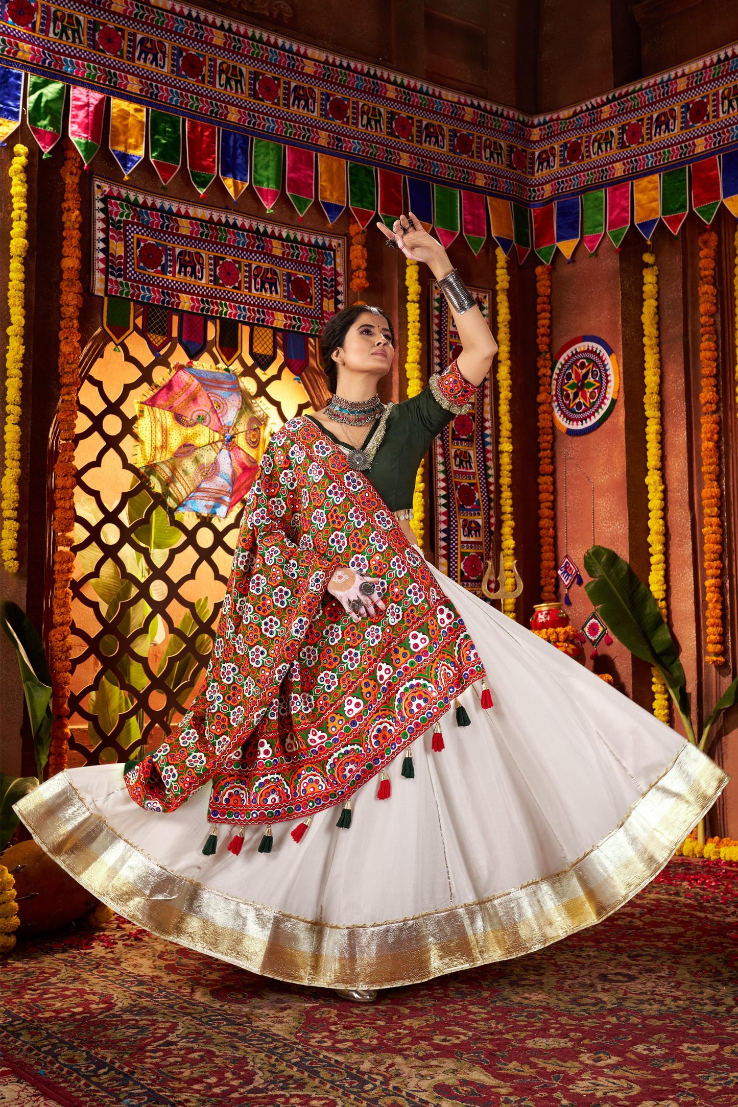 White Viscose Cotton Mirror Work Navratri Chaniya Choli