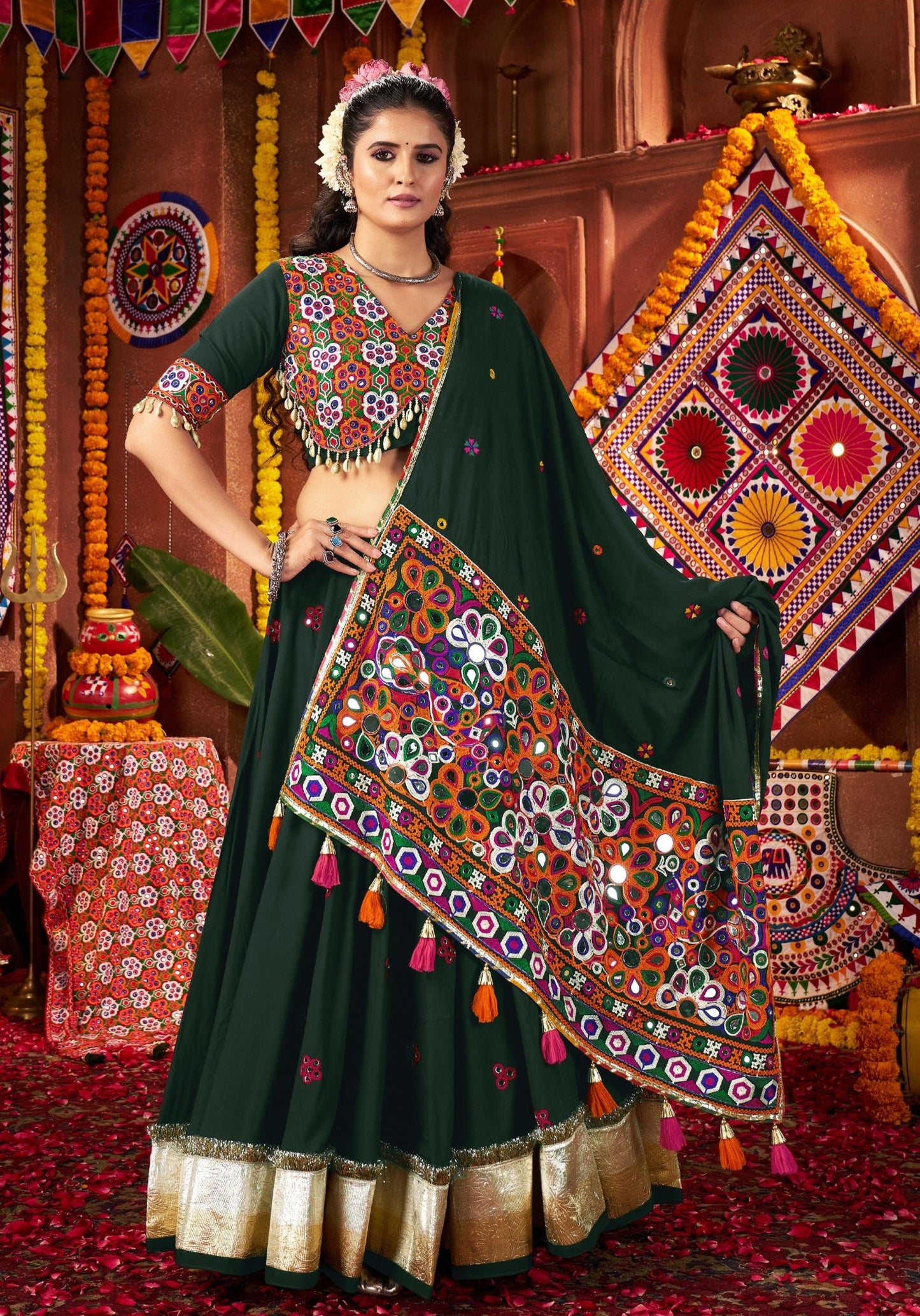 Green Viscose Cotton Print Jacquard Kutchi & Mirror Work Navratri Lehenga
