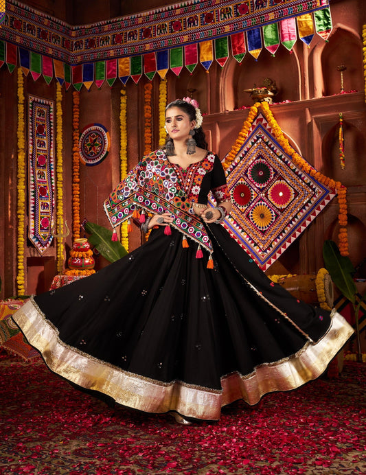 Black Viscose Cotton Jacquard Kutchi & Mirror Work Navratri Lehenga