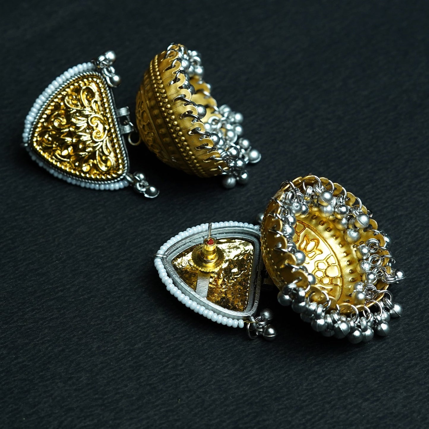 Zevar Club Oxidised Dual-Toned Silver & Gold Jhumka Earrings with Golden Ghungroo Beads