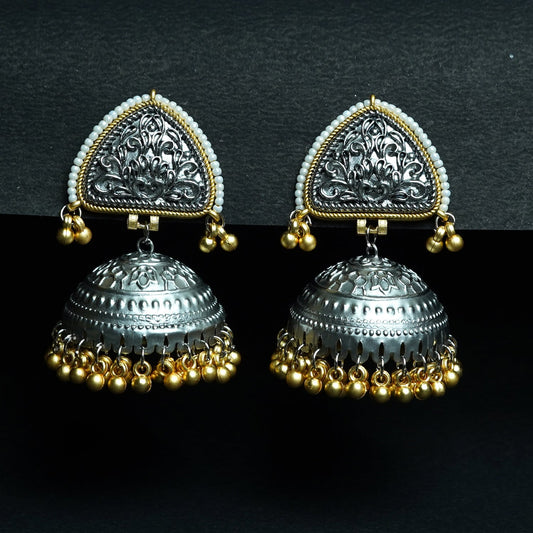 Zevar Club Oxidised Dual-Toned Silver & Gold Jhumka Earrings with Golden Ghungroo Beads