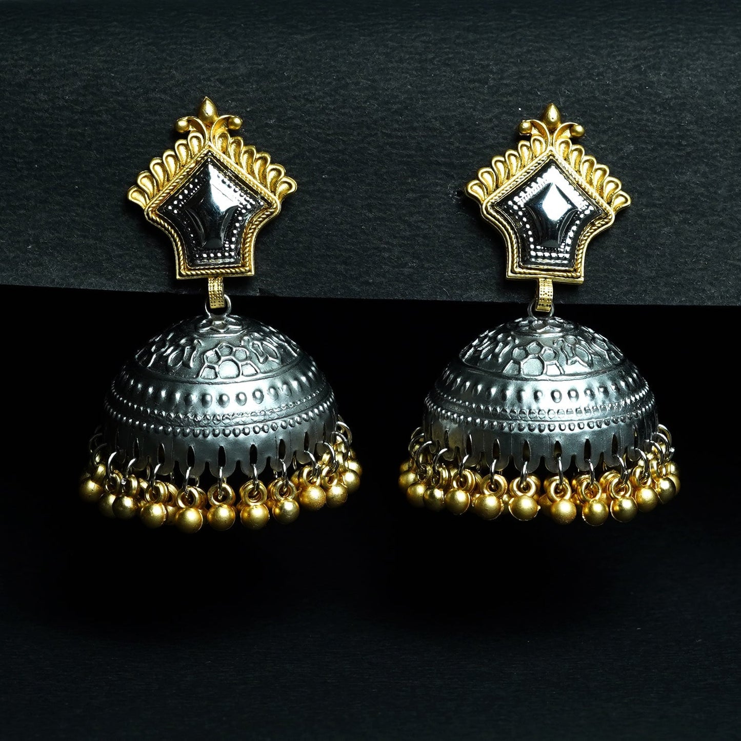 Zevar Club Oxidised Silver-Gold Tone Jhumka Earrings with Golden Beads Statement Design