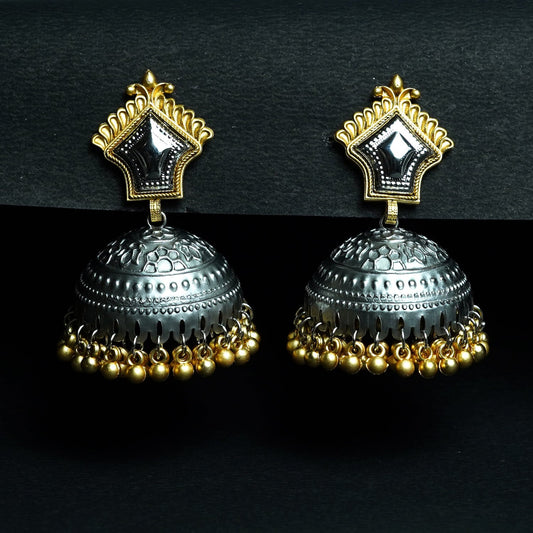 Zevar Club Oxidised Silver-Gold Tone Jhumka Earrings with Golden Beads Statement Design