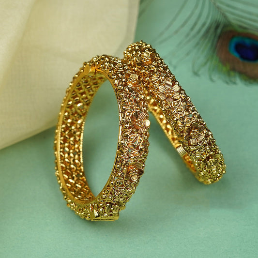Zevar Club Set of 2 22K Gold-Plated Handcrafted Floral Design Bangles for Women